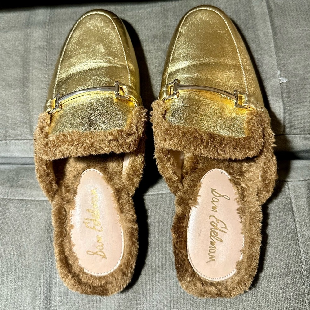 Gold Sam Edelman faux fur lined mules